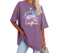 Dresswel T-shirt surdimensionné pour femme California Lettre imprimée Vintage T-shirt manches courtes col rond Haut d'été ample Chemisier long Tunique Top pour adolescentes filles, 2b-violet, S