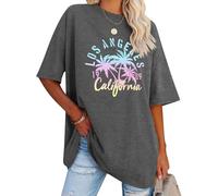 Dresswel T-shirt surdimensionné pour femme California Lettre imprimée Vintage T-shirt manches courtes col rond Haut d'été ample Chemisier long Tunique Top pour adolescentes filles, 2b-gris, M