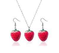 Dreuyet Ensemble collier et boucles d'oreilles en forme de fraises artificielles 3D pour femme - Collier et boucles d'oreilles pendantes en forme de fraise, Métal, Inconnu