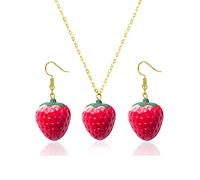 Dreuyet Ensemble collier et boucles d'oreilles en forme de fraises artificielles 3D pour femme - Collier et boucles d'oreilles pendantes en forme de fraise, Métal, Inconnu