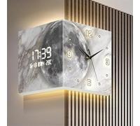 DRFGHK Horloge murale moderne double face, horloge d'angle créative, horloge murale lune, horloge murale d'angle de salon, horloge lumineuse double face, pour la maison et le bureau