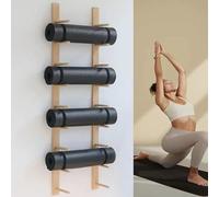 DRFGHK Wooden Yoga Mat Stands, Adjustable Metal Wall Mount Exercise Rack, Hanging Storage Shelf for Foam Roller, Home Workout Organizer