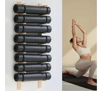 DRFGHK Wooden Yoga Mat Stands, Adjustable Metal Wall Mount Exercise Rack, Hanging Storage Shelf For Foam Roller, Home Workout Organizer (Wooden, 8)