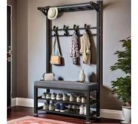 DRFGNF Étagère à Chaussures Moderne avec Banc rembourré, Rangement d'entrée 4 en 1, 5 Crochets Amovibles, Design Noir élégant pour Chambre et Couloir (12,9" P x 31,5" L x 67,7"