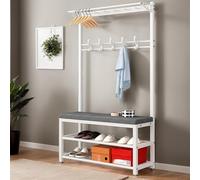 DRFGNF Étagère à Chaussures Moderne avec siège rembourré, Rangement d'entrée 4 en 1, 5 Crochets Amovibles, Meuble de Couloir Blanc, Banc d'entrée de Chambre (12,9" P x 31,5" L x