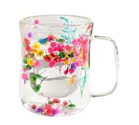 Dried Flowers Glass Cups - Double Wall Handle Dried Flowers Design | Clear Cups For Women Her Hot Cold Drinks Tea - Coffee Mum Grandma Daughter Son Birthday Christmas Mothers Day Valentines