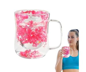 Dried Flowers Glass Cups - Double Wall Handle Dried Flowers Design | Clear Cups For Women Her Hot Cold Drinks Tea - Coffee Mum Grandma Daughter Son Birthday Christmas Mothers Day Valentines