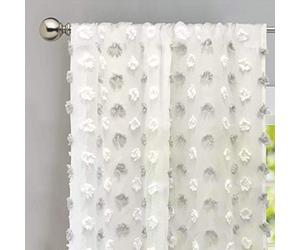 DriftAway Olivia - Lot de 2 Rideaux de fenêtre Transparents en Mousseline de Soie - Brodés avec Pompons - 130 cm x 210 cm - avec Passe-Tringle (Gris/Blanc)