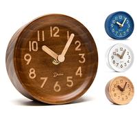 Driini Wooden Analog Desktop Clock - 4.3 in. Decorative Pinewood, No-Tick Design - Easy to Read Silent Sweep Mantle Clock - Quiet Tabletop Clocks with Wood Body, Hands, & Battery Cover; Dark