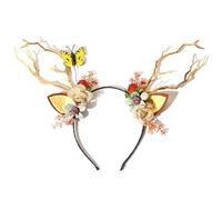 DriKou Bandeau couronne de fleurs en bois de cerf, coiffure de cosplay de renne de fleur de fée avec oreilles en dentelle, décorations de feuilles de baies pour femmes