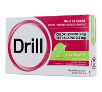 Drill Anis/Menthe Sans Sucre Pour Maux de Gorge 24 Pastilles À Sucer