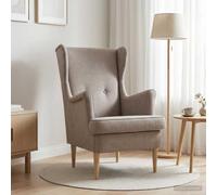 Drillkyn Beiger Sessel ARES Fauteuil rembourré avec coussin amovible, pieds en bois massif, 65 x 79 x 100 cm, fauteuil simple pour salon et chambre à coucher, fauteuil relax confortable avec cadre