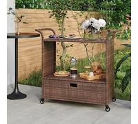 Drillkyn Chariot de bar avec tiroir marron en poly rotin 100 x 45 x 97 cm Chariot de cuisine chariot de service chariot d'appoint avec espace de rangement pour cuisine et jardin