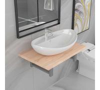 Drillkyn Lot de 2 meubles de salle de bain avec lavabo en céramique et étagère murale marron chêne, 60 x 40 x 16,3 cm, accessoires de montage inclus, idéal pour salle de bain, WC d'invités, douche