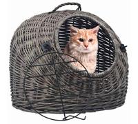 Drillkyn Panier de transport pour chat gris en osier naturel 45 x 35 x 35 cm avec poignée et porte robuste, respirant et rembourré, idéal pour les voyages, la voiture, le train et le vol