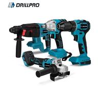 Drillpro kit outils: clé électrique 800 nm, marteau, perceuse, meuleuse angle. Batteries en option: 2 batteries + prise euro