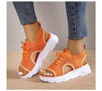 DRIMEE Femmes Baskets Fond Plat Maille Respirant léger Confortable Running Multicolore Tissage Volant, Chaussures de Sport décontractées Femme Lacets Chaussures Sport Running,Orange,US7/EU38