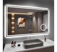 Dripex 100x60cm Miroir Salle de Bain avec 3X Loupe, 45W Miroir Anti-buée avec éclairage, Affichage de L'heure, Prise pour Rasoir, Dimmable et 3 Couleurs Réglable, IP44 Étanchéité