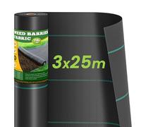 Dripex 3m x 25m Toile de Paillage, Tissu de Lutte Contre Les Mauvaises Herbes, Membrane de Jardin en Fibres de Polypropylène Tissées Anti-UV 70g/㎡, Geotextile, Tissu Perméable à l'eau, Noir