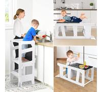 Dripex aide de cuisine, réglable en hauteur, tabouret marchepied avec rail de sécurité et chevalet double face, chaise d'apprentissage tabouret marchepied pour enfants, blanc forme géométrique