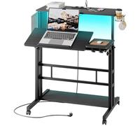 Dripex Bureau debout réglable en hauteur avec prises, bureau assis-debout avec roulettes, plateau inclinable, 80 x 60 cm, pour ordinateur portable, station de travail pour la maison et le bureau, noir