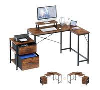 Dripex Bureau en forme de L avec étagère de rangement - Bureau d'angle en forme de L avec tiroir et support d'écran pour bureau et maison - Marron (139 x 80 cm)