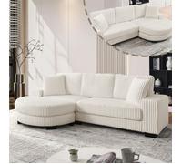 DRIPEX Canapé d'angle en L 4 places 256,5x133,5x89 cm,Canapé en velours côtelé avec pouf ovale,2 coussins et pieds inclus,Beige