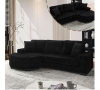 DRIPEX Canapé d'angle en L 4 places 256,5x133,5x89 cm,Canapé en velours côtelé avec pouf ovale,2 coussins et pieds inclus,Noir