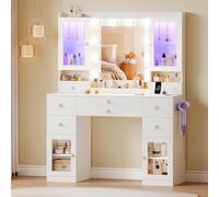 Dripex Coiffeuse avec 10 boules lumineuses LED et prises, coiffeuse avec miroir et 2 vitrines transparentes luxueuses avec RVB, table de dressing pour chambre à coucher, blanche