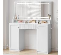 Dripex Coiffeuse avec Miroir LED à 3 Couleurs et Luminosité Réglable, Table de Maquillage avec Multiprise, 1 Grand Tiroir et 2 Armoires Latérales à 3 Étages, Table Cosmétique 110 x 40 x 135 cm, Blanc