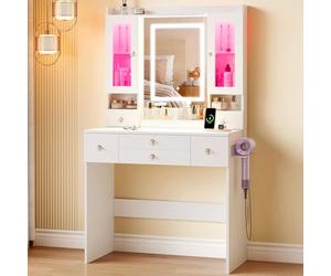Dripex Coiffeuse Miroir LED, Vitrine RGB, 5 Tiroirs, Blanc 80cm
