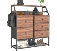 Dripex Commode en Tissu avec 5 tiroirs, Meuble de Rangement avec Dessus en Bois et étagère à Chaussures, Cadre en Métal, pour Salon, Chambre, Couloir, Marron Rustique et Noir Gris Vintage+Noir