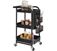 Dripex Desserte à roulettes Chariot de Rangement Roulant 3 Niveaux avec 2 Bacs de Rangement 4 Crochets pour Cuisine Salle de Bain Bureau 41 x 32 x 74,5 cm - Noir