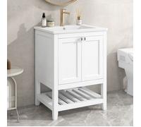 DRIPEX Ensemble de Meuble de salle de bain simple avec lavabo en céramique,portes,vasque,étagère de rangement,61×46×90cm,Blanc