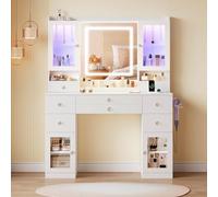 Dripex Grande coiffeuse avec éclairage et prises, coiffeuse avec miroir et 2 vitrines transparentes luxueuses avec RVB, table de dressing pour chambre à coucher, blanche