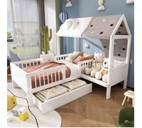 DRIPEX Lit d'angle avec tiroir 90×200cm,Lit maison en forme L avec toile de tente,Lit enfant Blanc