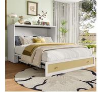 DRIPEX Lit escamotable mobile 140x200cm avec tiroirs design rotin et étagère,lit plateforme convertible avec port USB,Blanc