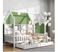Dripex Lit Maison 90x200CM Lit Enfant avec bibliothèque,cabinet étagère de rangement et deux tiroirs,Blanc