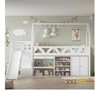 DRIPEX Lit mezzanine 90200cm avec toboggan et escaliers,Lit enfant avec tiroirs et casiers,armoire,espace de rangemen LIT MEZZANINE