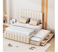 DRIPEX Lit rembourré 140x200 cm avec lit gigogne 90×190cm et tiroirs,lit double tissu en lin,Beige