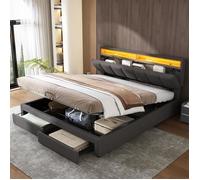 DRIPEX Lit rembourré 180×200cm avec LED et 2 tiroirs,Hydraulique Lit de rangement,Lit double adulte,Tête de lit escamotable,Gris