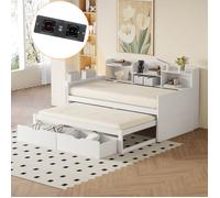 DRIPEX Lit simple 90*200cm en bois avec lit gigogne90*190 avec 2 tiroirs,trois étagères sur le côté du lit,prise USB inclus,Blanc