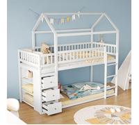 DRIPEX Lit superposé 90×200 cm pour enfants avec commode de rangement et étagères,Lit maison avec tiroirs,échelle,Blanc