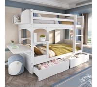 DRIPEX Lit superposé 90×200cm avec deux tiroirs,Lit enfant avec étagère pliables et échelle,bois massif, Blanc