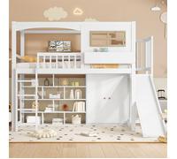 Dripex Lit superposé 90x200cm avec étagère de rangement,toboggan et armoire,Lit enfant avec échelle à quatre marches,Blanc