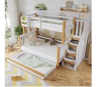 DRIPEX Lit superposé 90x200cm et 120 x 200cm avec lit gigogne 90x190cm,Lit enfant avec escalier d'angle de rangement,blanc +