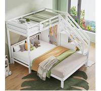 DRIPEX Lit superposé avec penderie,90×200cm+140×200cm,Lit maison avec escalier de rangement,sommier à lattes, bois massif+MDF,Blanc