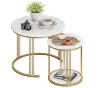 Dripex Lot de 2 tables basses gigognes, Tables Basses rondes avec espace de rangement, cadre en métal et plateau en marbre, table d'appoint en forme de C, pour canapé, chambre à coucher, bureau, blanc