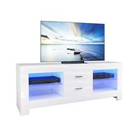 Dripex Meuble TV Bas Blanc Brillant avec éclairage LED et tiroirs, 130 x 50 x 35 cm