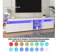 Dripex Meuble TV éclairage LED,Armoire TV avec 3 portes et deux plateaux en verre, grand espace de rangement,Blanc,180X35X45CM